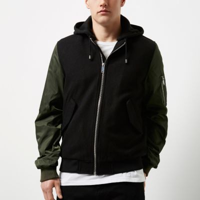 Black contrast sleeve hooded bomber jacket